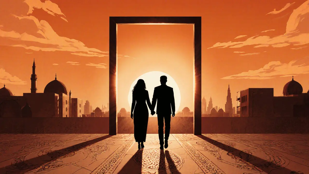 Two people walking side by side along the Dubai Frame, silhouetted against a golden sunset.
