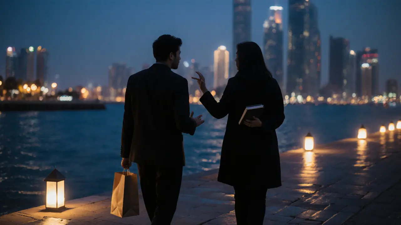Two silhouettes walking along Dubai Creek at night, sharing a quiet moment under soft lantern light.