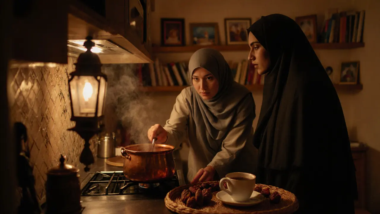 Two women sharing a moment in a traditional Emirati kitchen at dusk.