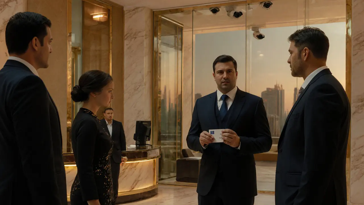 Undercover police approaching a nervous man in a luxury Dubai hotel lobby, a woman glancing away as surveillance cameras loom overhead.