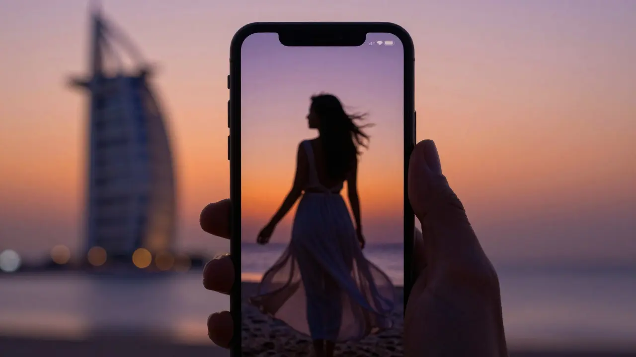 A blurred silhouette of a woman against a Dubai sunset, shown on a smartphone screen with minimalist aesthetic and no visible face.