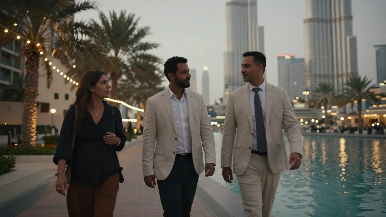 A client and escort walking peacefully along the Dubai Water Canal at dusk under string lights.
