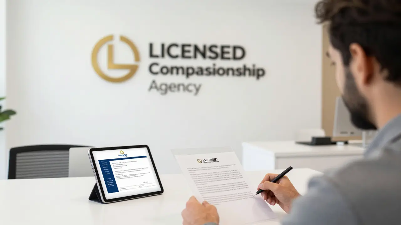 A client signing a legal companionship contract in a licensed agency office with visible credentials.