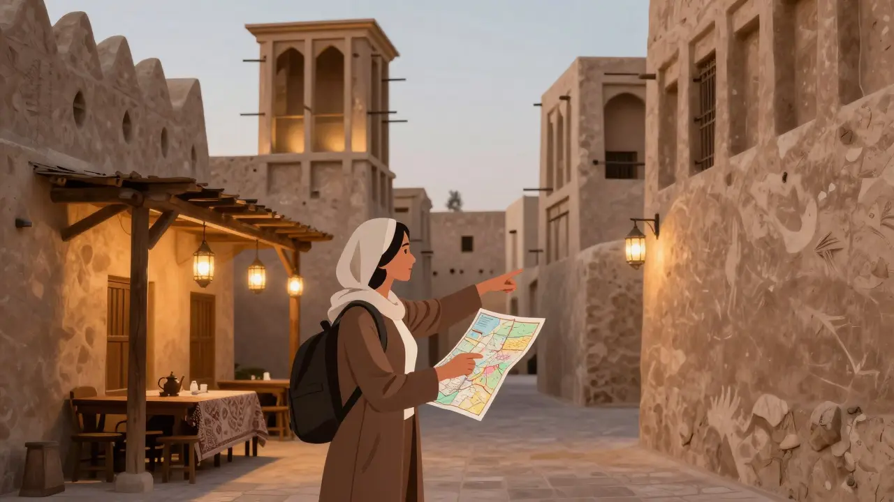 A companion guiding a traveler through Al Seef's historic alleys toward a traditional tea house at dusk.