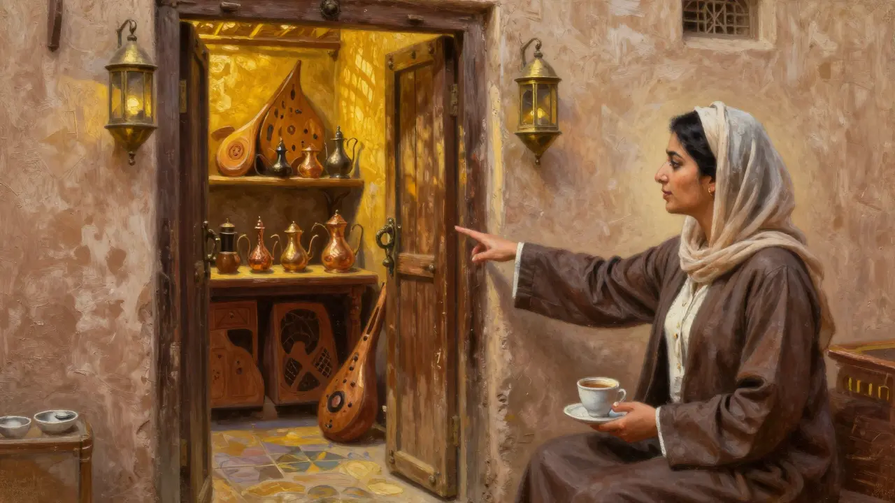 A companion showing a visitor a hidden oud shop in Dubai&#039;s historic Al Fahidi district.