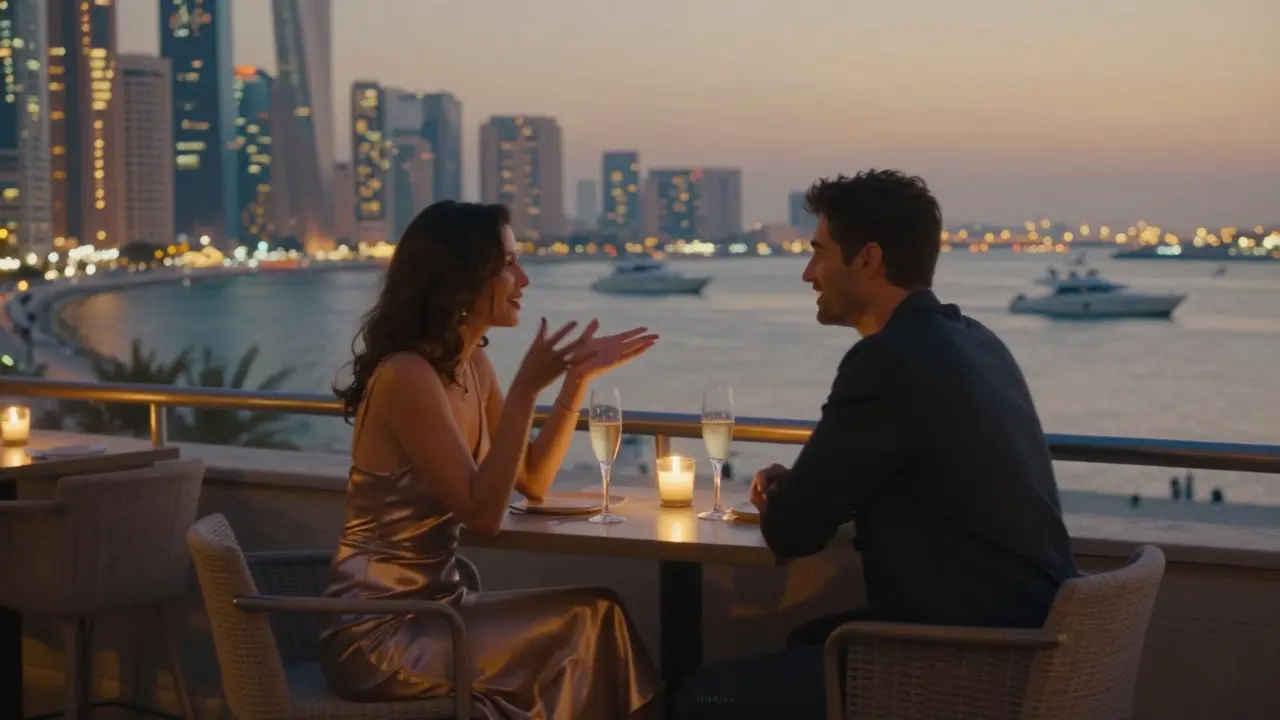 A couple enjoying champagne on a rooftop lounge overlooking Dubai Marina at dusk.