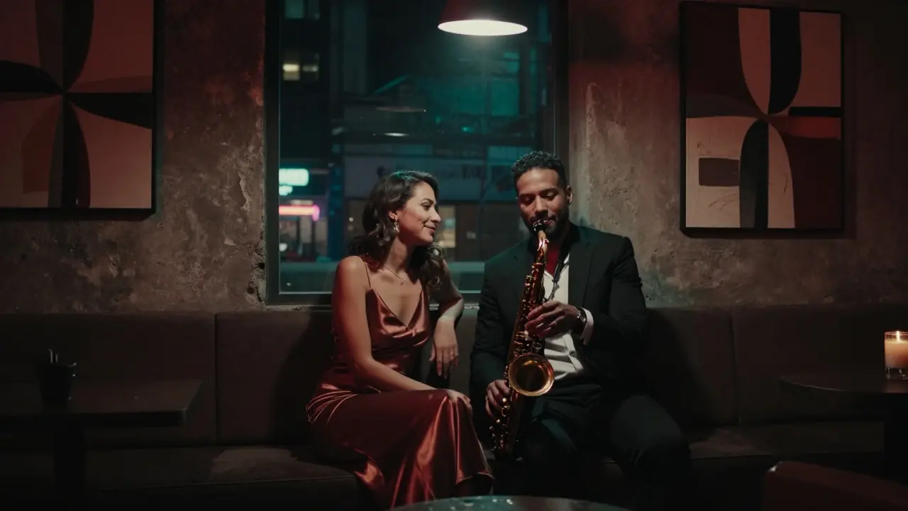 A couple enjoying live jazz in a dimly lit underground lounge in Alserkal Avenue.