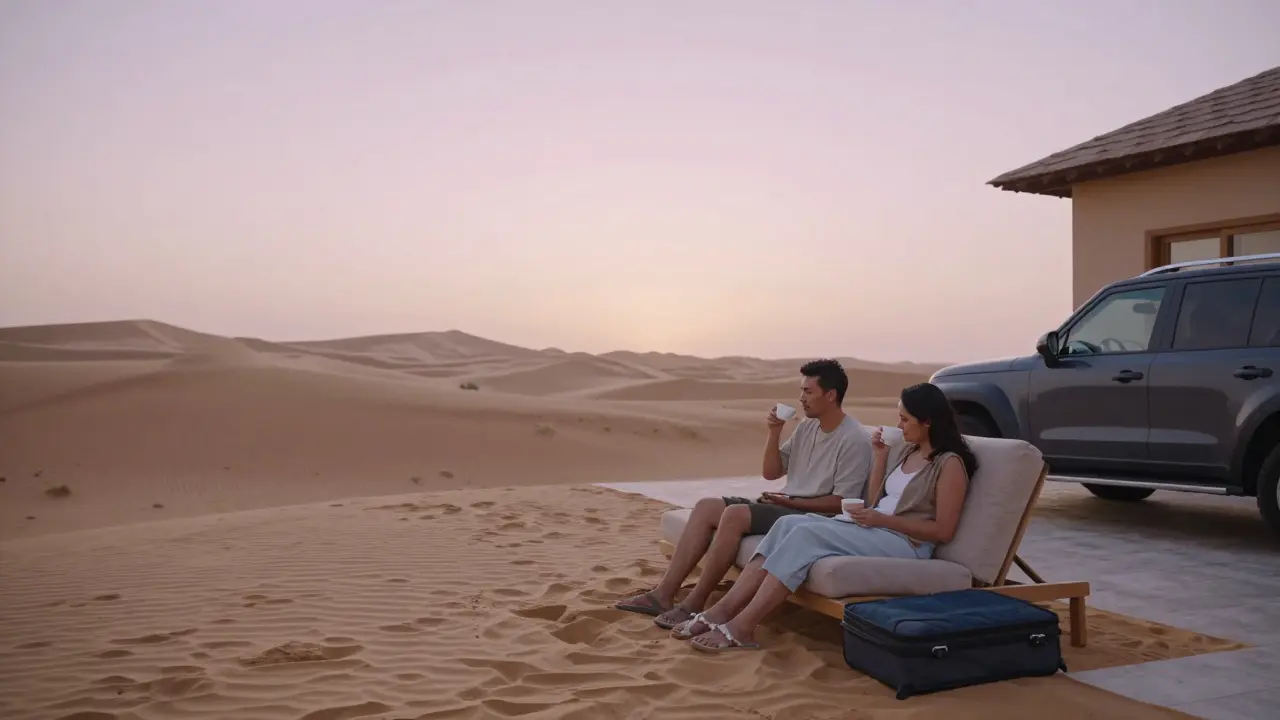 A couple enjoys quiet coffee at a desert villa at sunrise, surrounded by golden dunes and serene natural light.