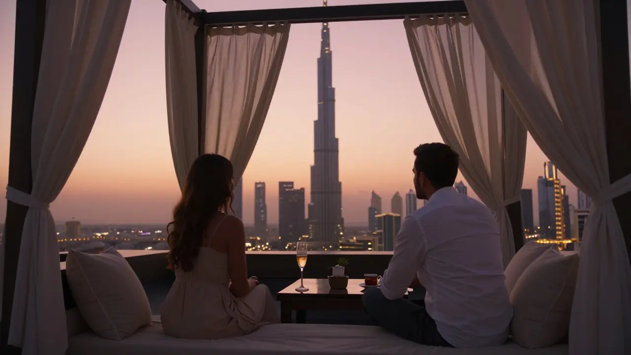 A couple relaxes in a secluded rooftop cabana at sunset, curtains closed, silhouetted against Dubai's glowing skyline.
