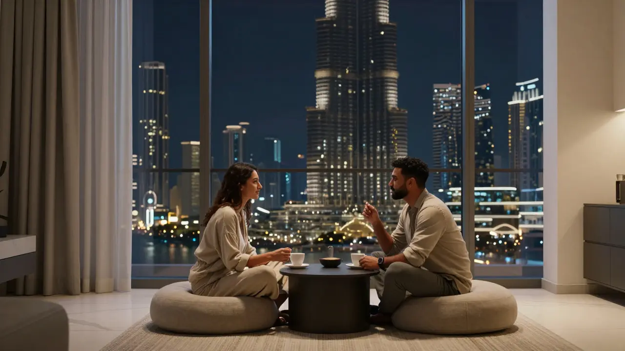 A couple sharing quiet conversation over coffee in a Jumeirah apartment at night.