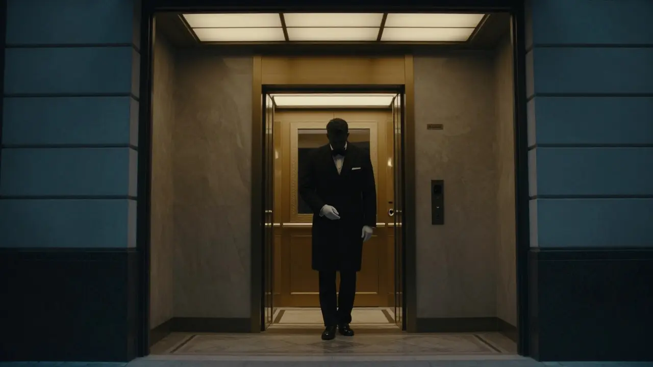 A discreet luxury hotel suite entrance at night, accessed privately with no signage.