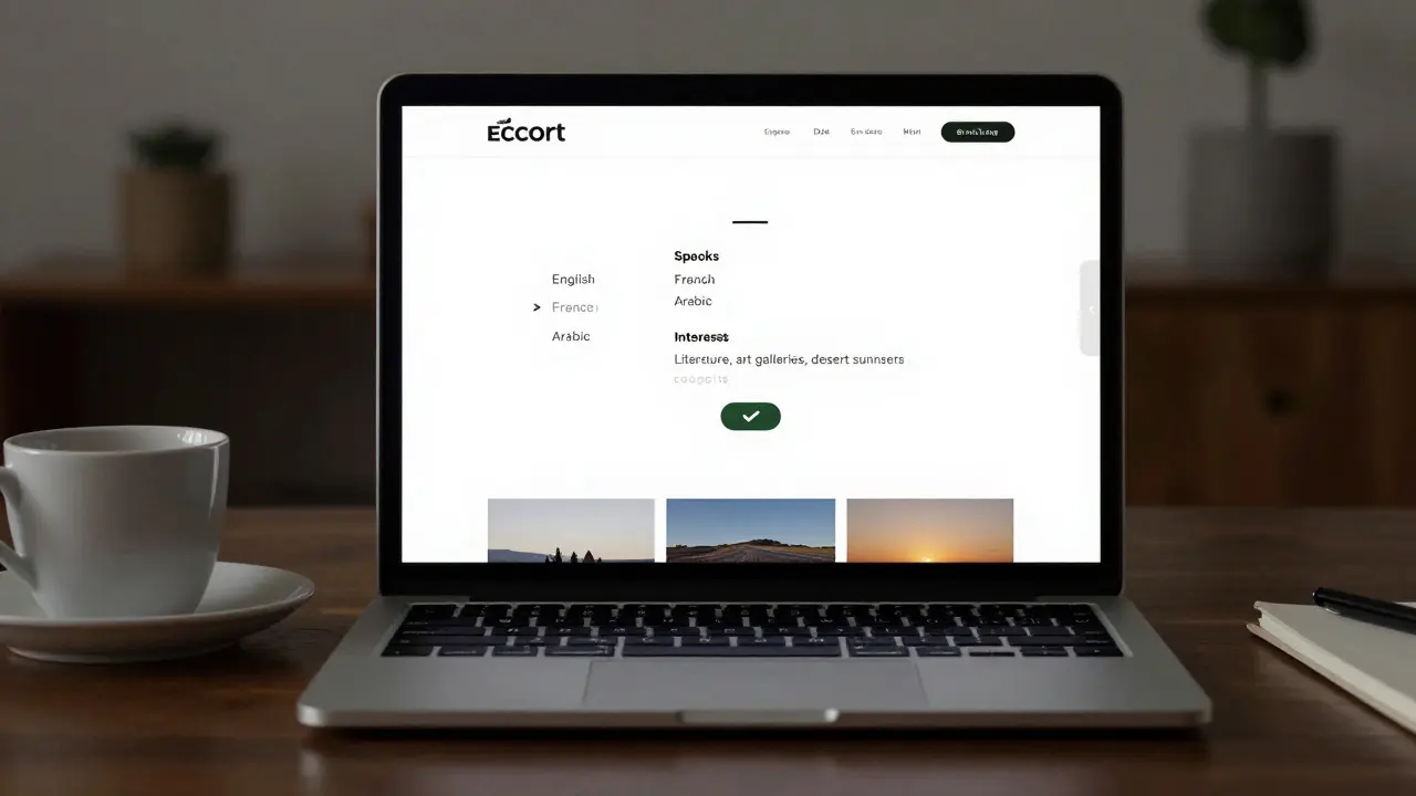A discreet professional escort profile on a laptop screen, showing languages and interests without photos.