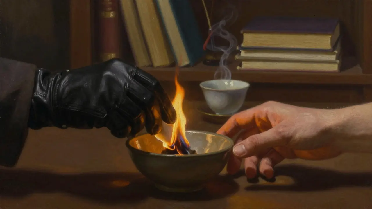 A gloved hand burns a piece of paper over a bowl while another hand reaches toward the flame, symbolizing release and vulnerability.
