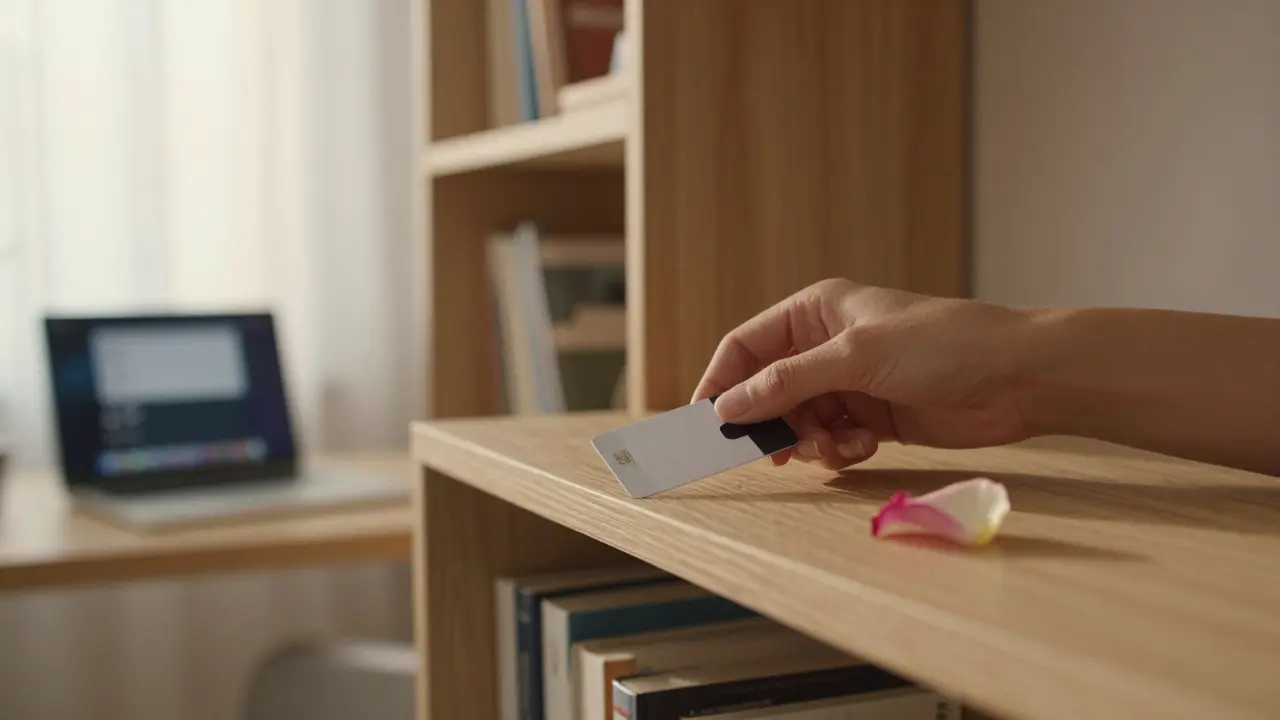 A hand placing a keycard on a wooden shelf in a minimalist apartment with soft lighting and a laptop glow.