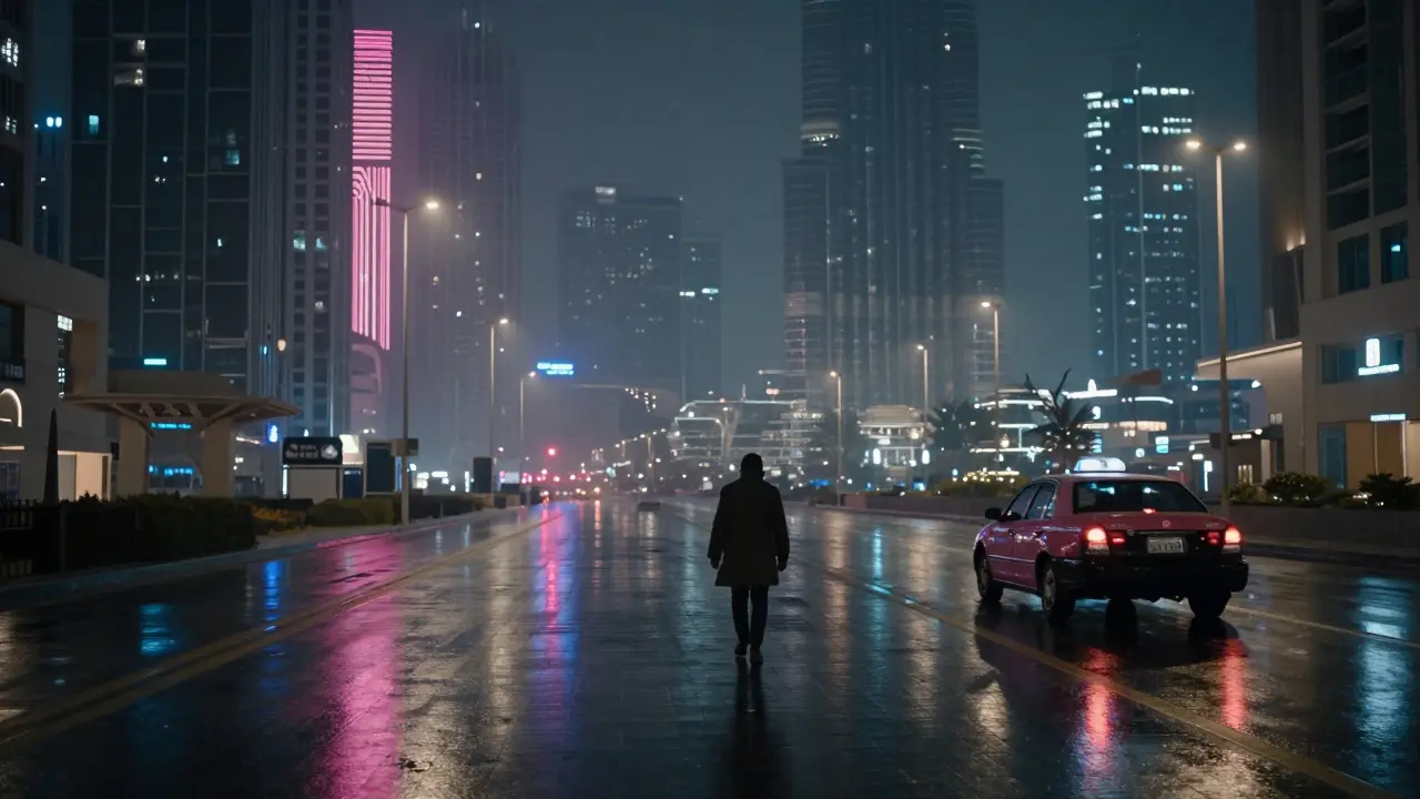 A lone figure walks away from a taxi on a wet Dubai street at night, skyscrapers loom in the distance.
