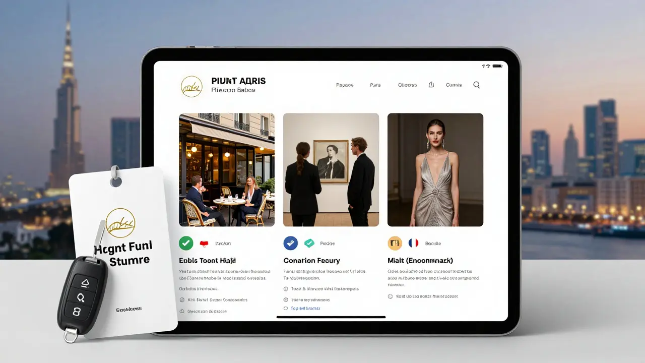 A luxury companion profile on a tablet shows verified photos and interests beside a hotel keycard.