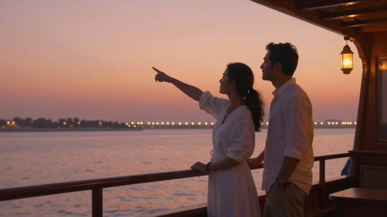 A man and woman on a sunset dhow cruise along Dubai Marina, silhouetted against the colorful sky.