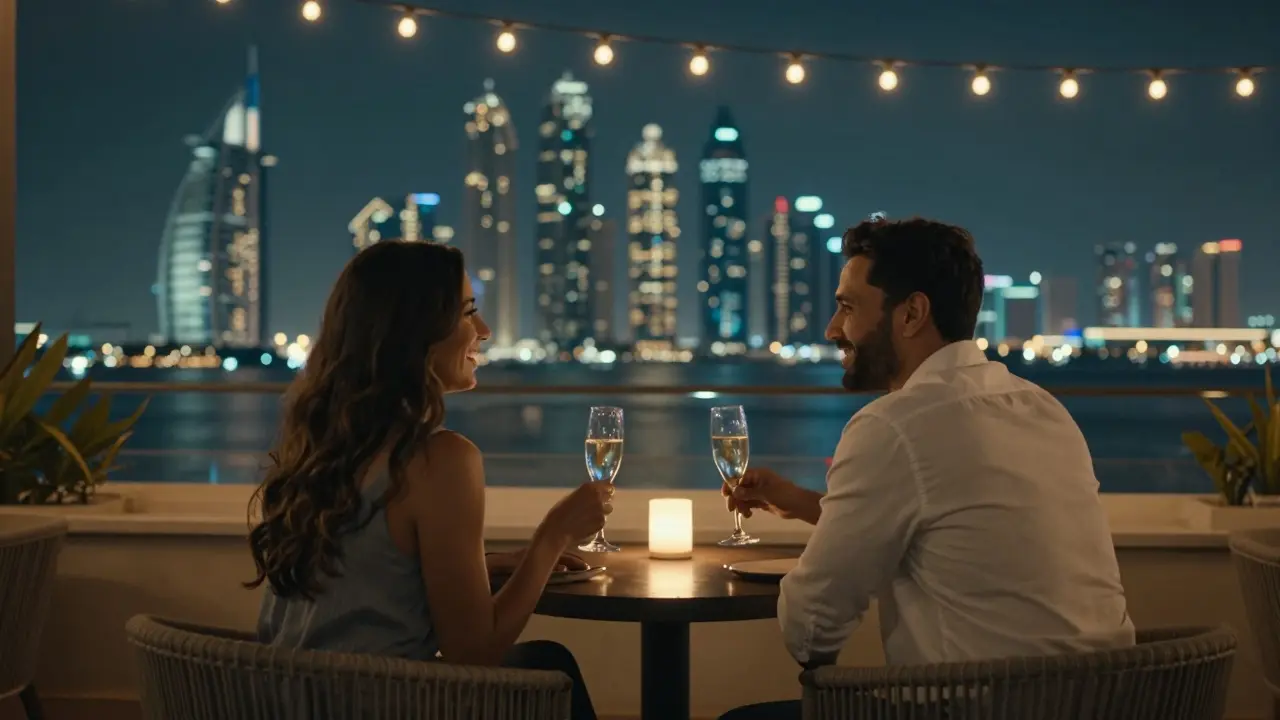 A man and woman sharing a quiet moment on a rooftop lounge overlooking Dubai Marina.