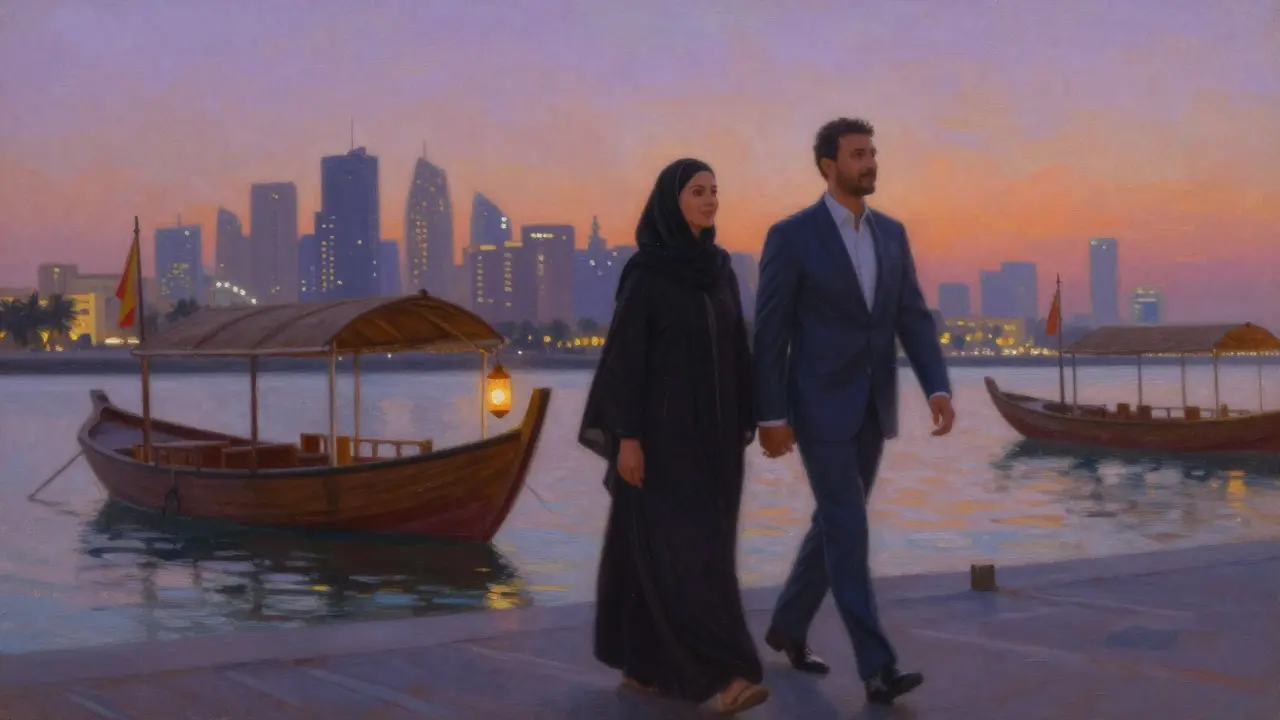 A man and woman walking peacefully along Dubai Creek at dusk, traditional boats and city lights surrounding them.