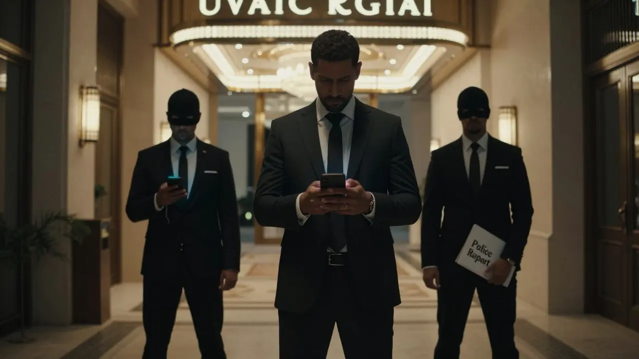 A man outside a Dubai hotel surrounded by shadowy figures, hinting at a scam or police trap.
