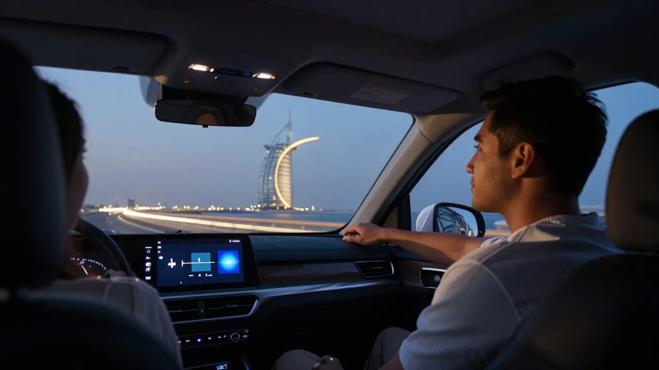 A private car driving along Palm Jumeirah at dusk, passengers relaxed as city lights blur past the windows.