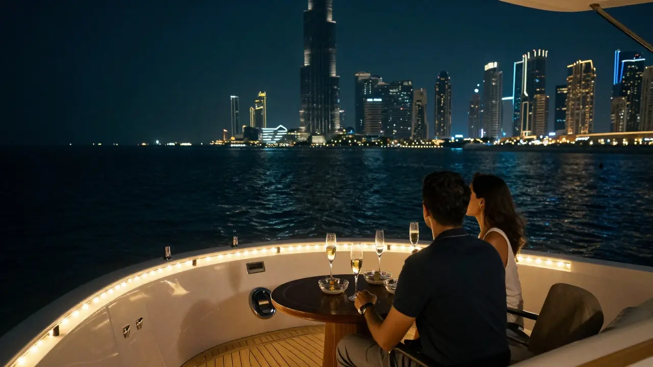 A private yacht at night off Palm Jumeirah with champagne and city lights reflecting on the water.