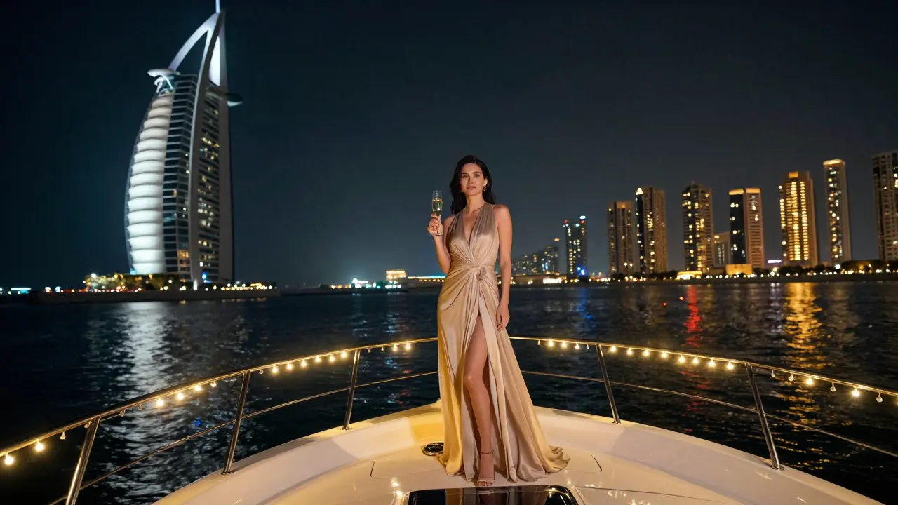 A private yacht at night on the Palm Jumeirah with fireworks reflecting on the water.