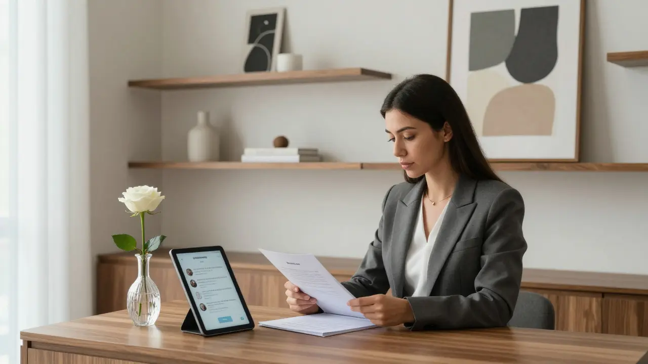 A professional agency manager reviewing confidential client information in a minimalist office.