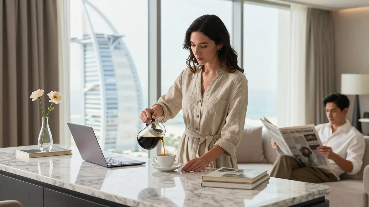 A professional companion and guest sharing coffee in a sunlit Jumeirah apartment.