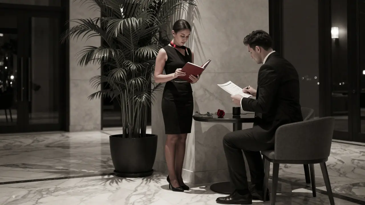 A professional companion and traveler in a luxury hotel lobby, sharing a quiet moment with a rose on the table.
