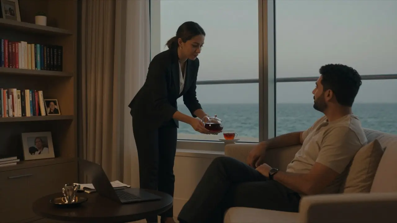 A professional companion preparing tea in a peaceful Palm Jumeirah apartment, soft morning light streaming through the window.