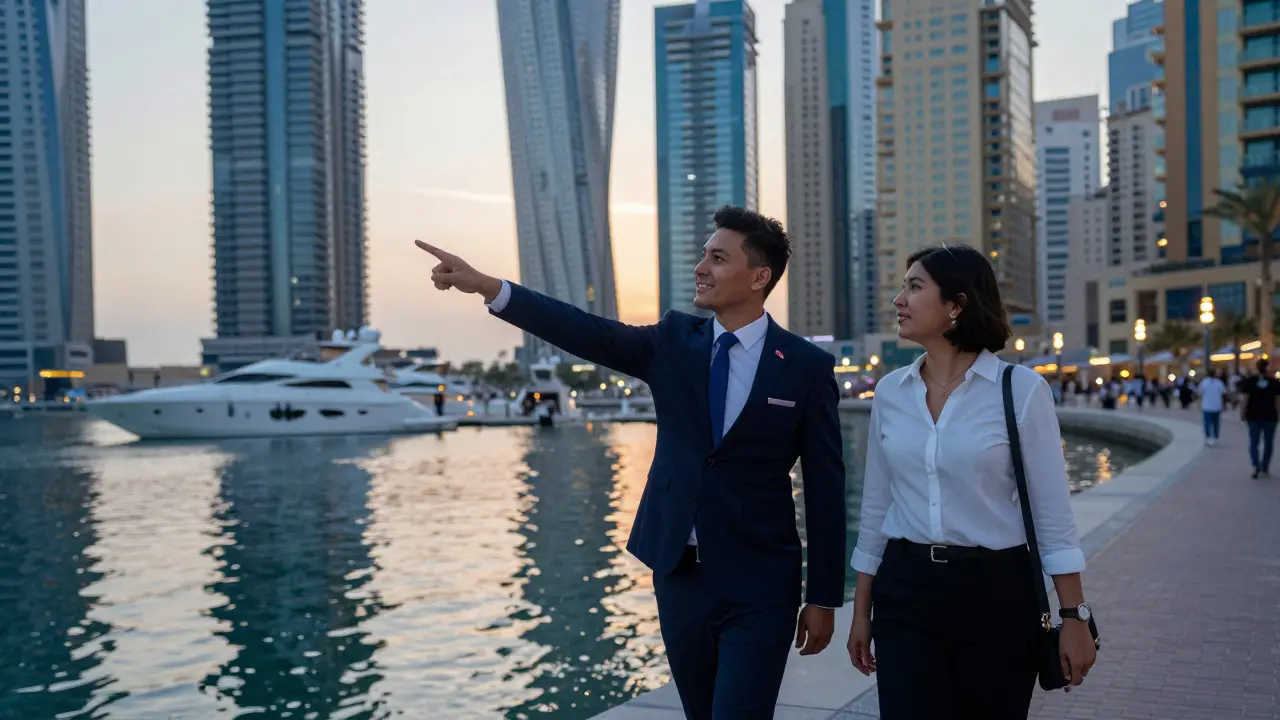 A professional companion walking with a client along Dubai Marina at dusk, pointing out landmarks.
