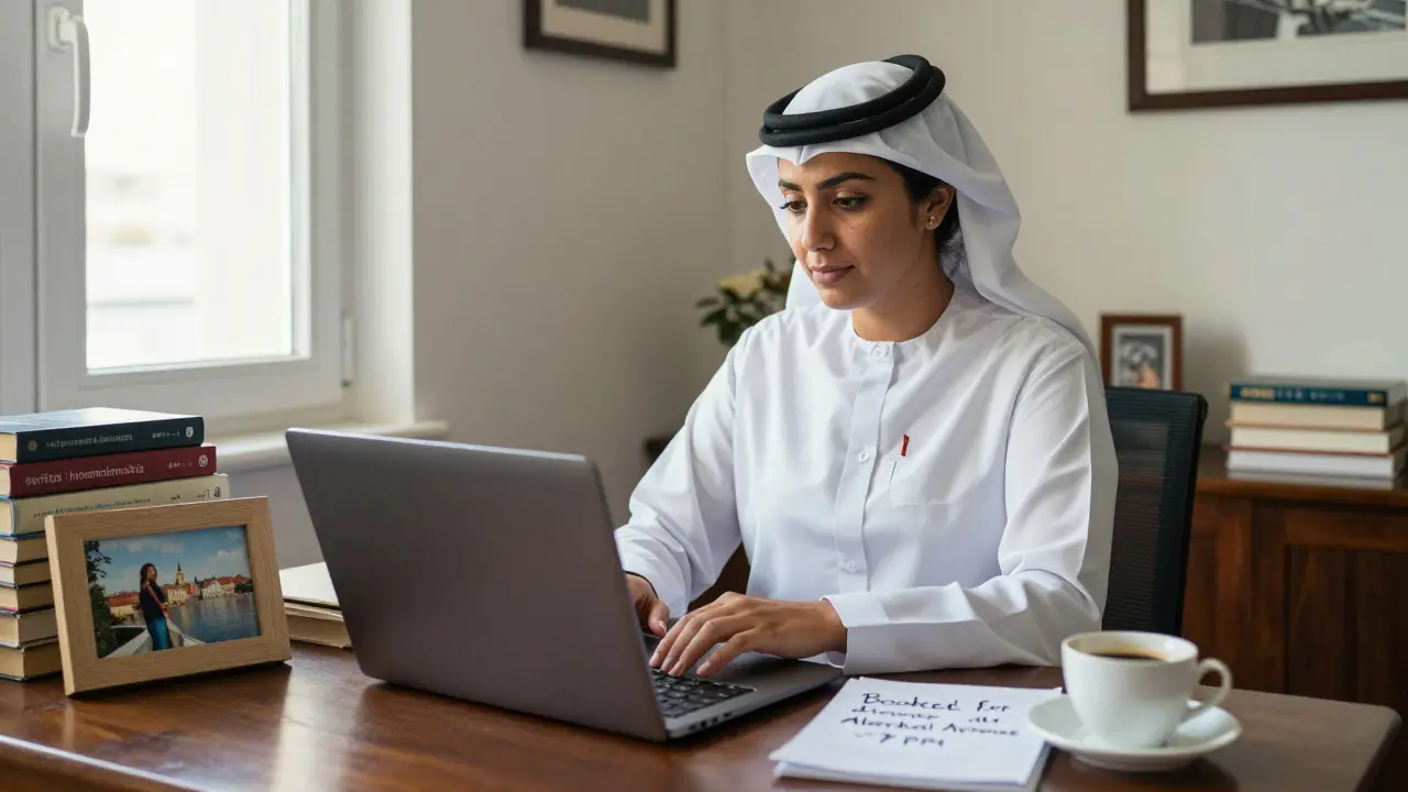 A professional female companion in a cozy study, surrounded by books and a verified booking screen, natural light streaming in.