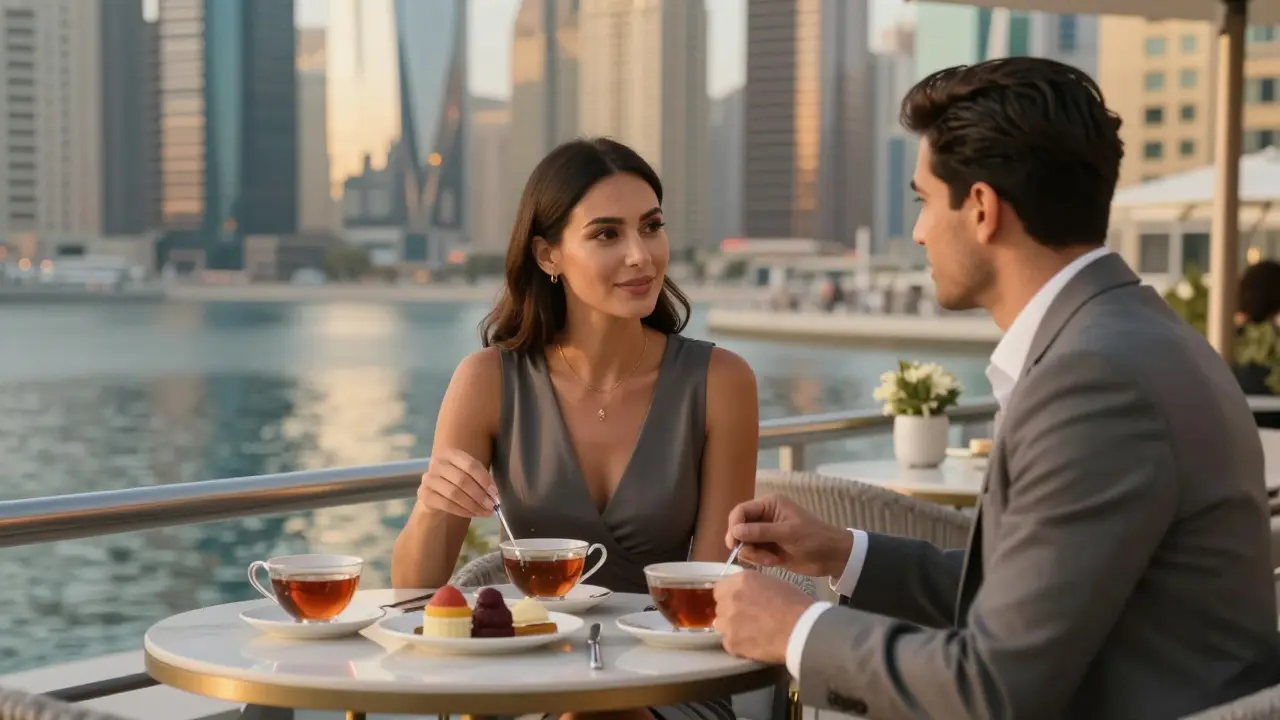 A professional woman and client having a respectful conversation at a Dubai rooftop café at sunset.