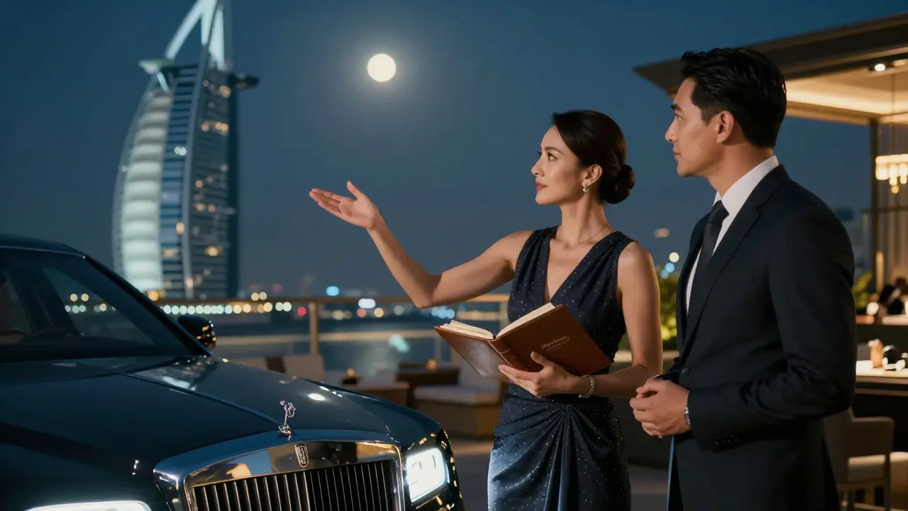 A professionally dressed woman pointing to the Dubai skyline with a client, standing outside a rooftop venue.