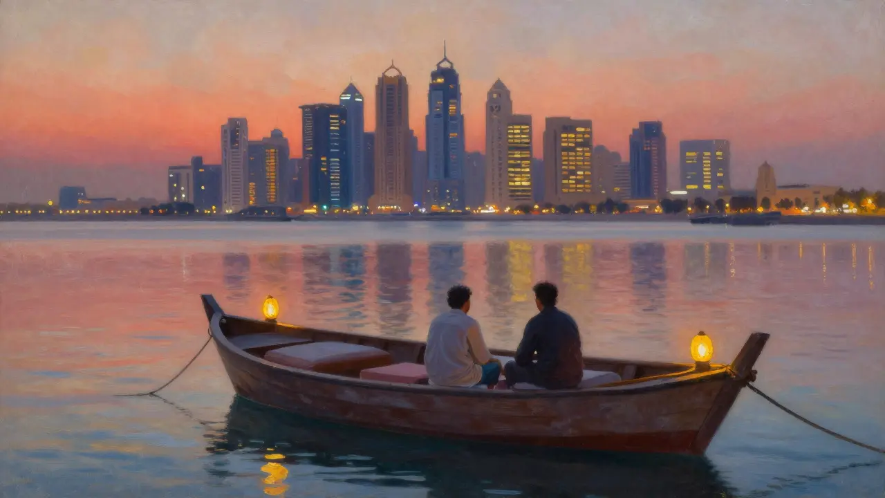 A quiet dhow boat on Dubai Creek at sunset, two figures sharing silent companionship.