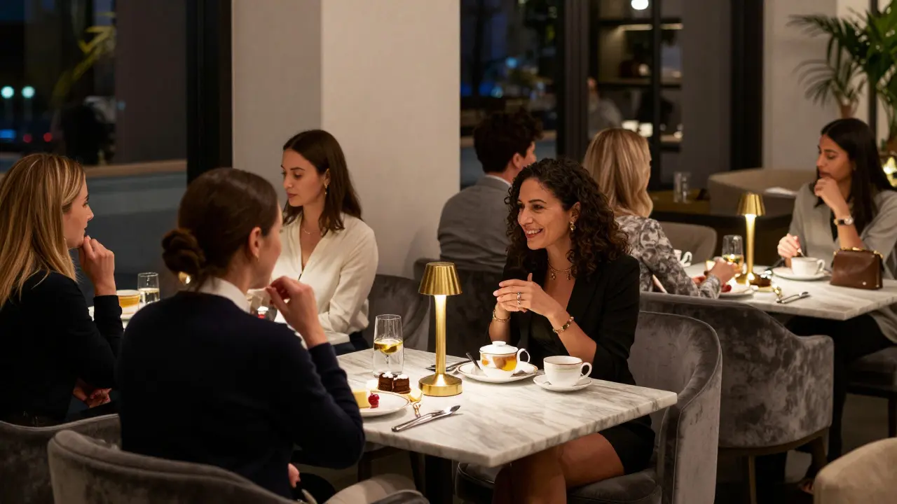 A quiet, elegant hotel lounge scene with clients and companions engaged in thoughtful conversation.
