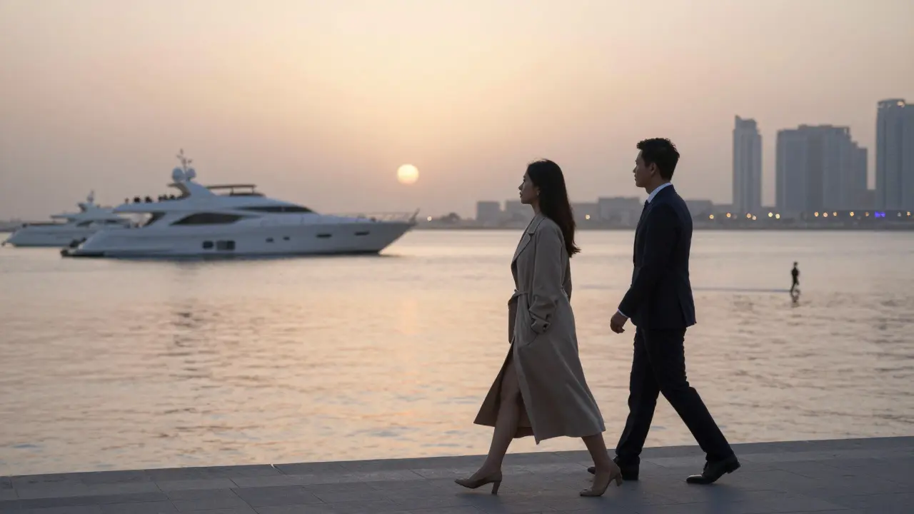 A quiet walk along Dubai Marina at dawn, two figures sharing calm companionship under soft morning light.