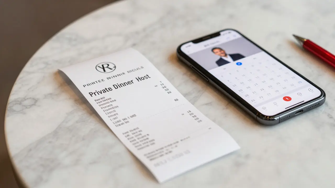 A receipt for a legal companion service on a hotel table with a verified host profile on a phone.