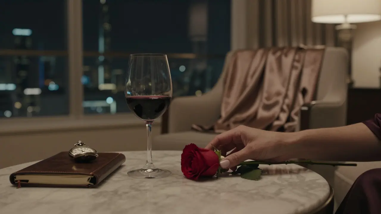 A rose rests beside wine and a pocket watch on a marble table, overlooking Dubai's skyline.