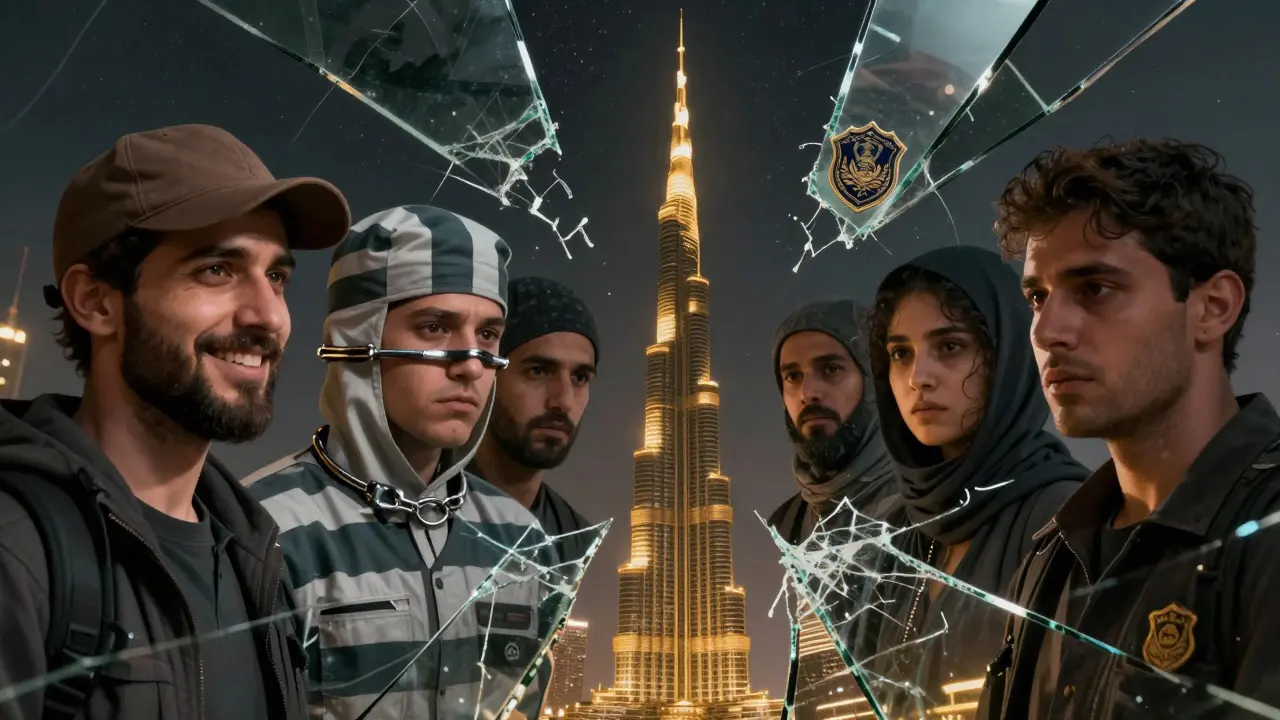 A shattered mirror reflects different fates—tourist, prisoner, victim—against the Burj Khalifa.