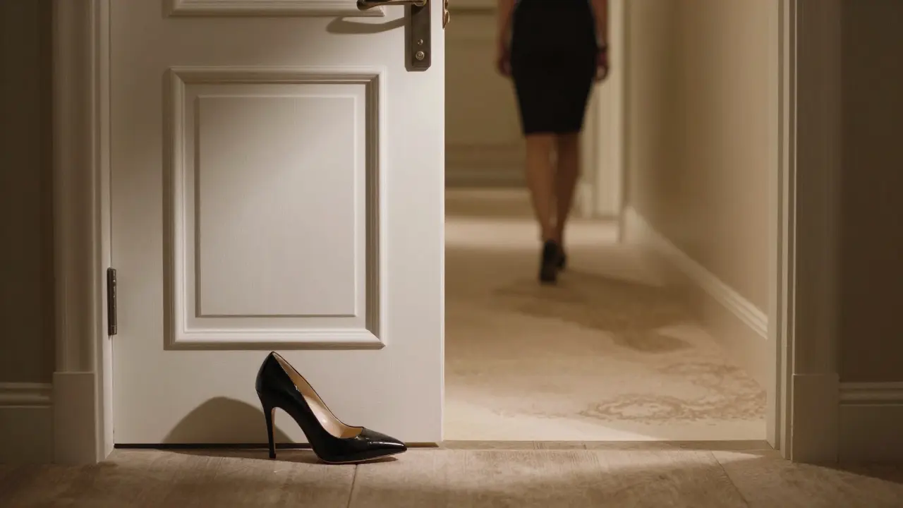 A single high-heeled shoe beside a hotel room door, symbolizing discreet companionship.