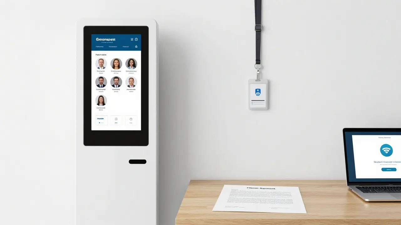 A sleek agency office with digital profiles and secure payment confirmation on a laptop, no people visible.