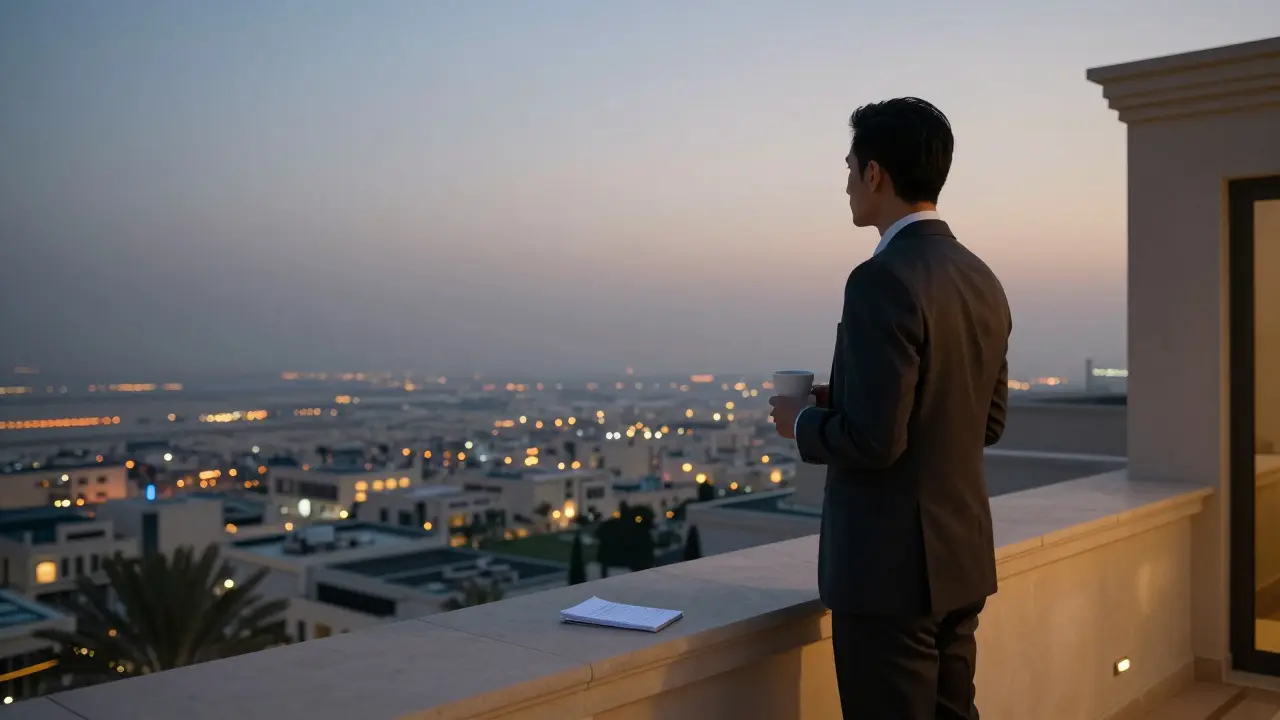 A solitary figure on a villa terrace at dusk, gazing at Dubai&#039;s skyline with quiet contemplation.