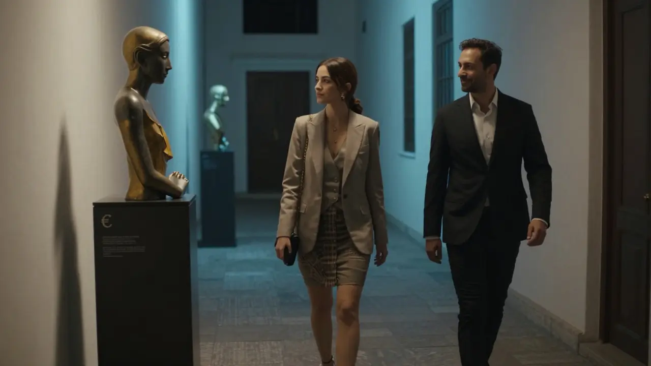 A sophisticated couple walks peacefully through an art gallery in Alserkal Avenue at night.