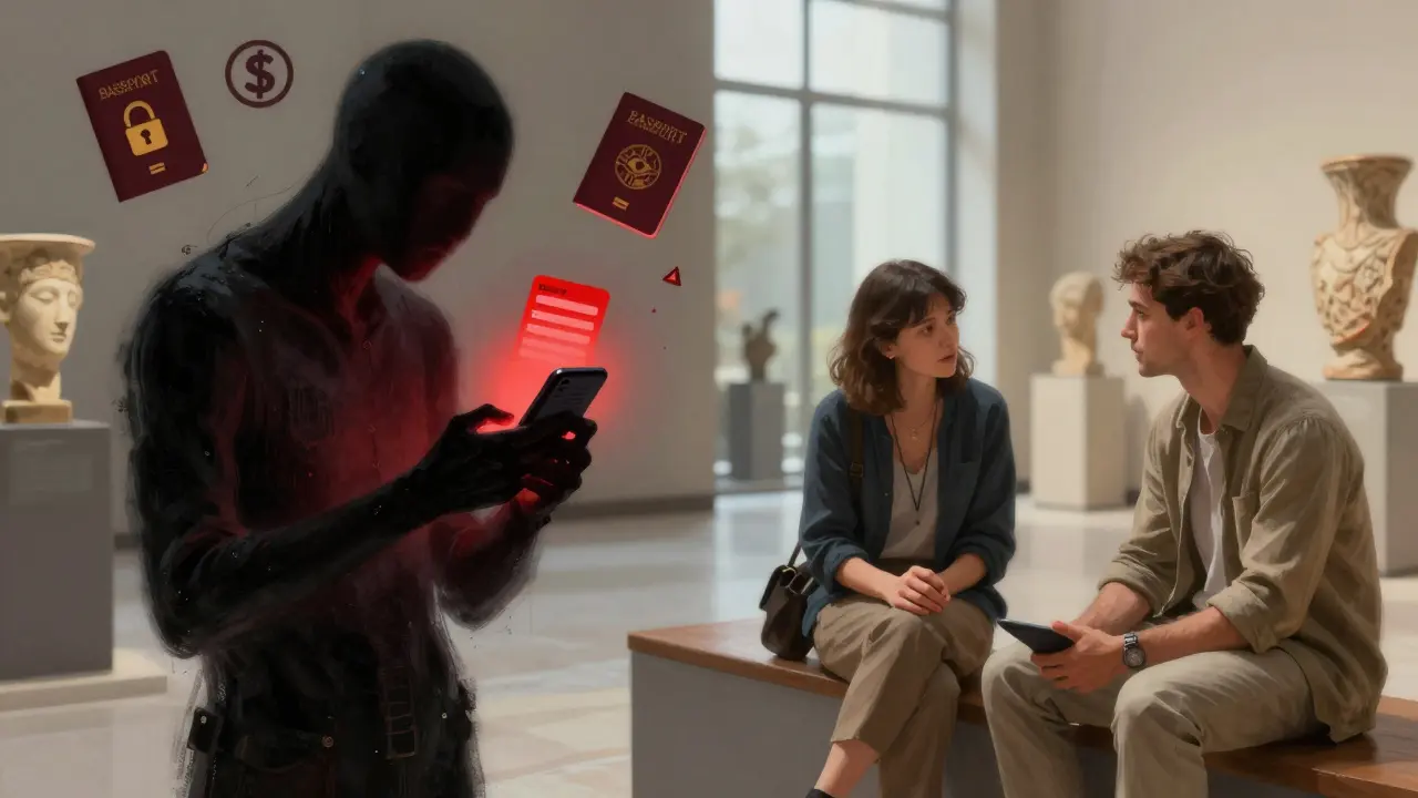 A split image contrasting a dangerous online scam on the left with a safe, respectful cultural meeting in a museum on the right.