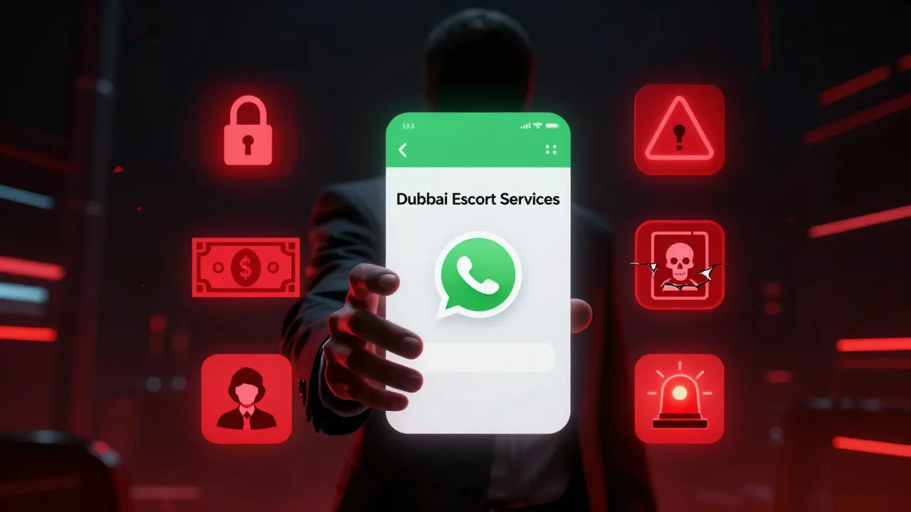 A surreal digital trap with WhatsApp invite and warning symbols floating around a shadowy figure in cyberpunk style.