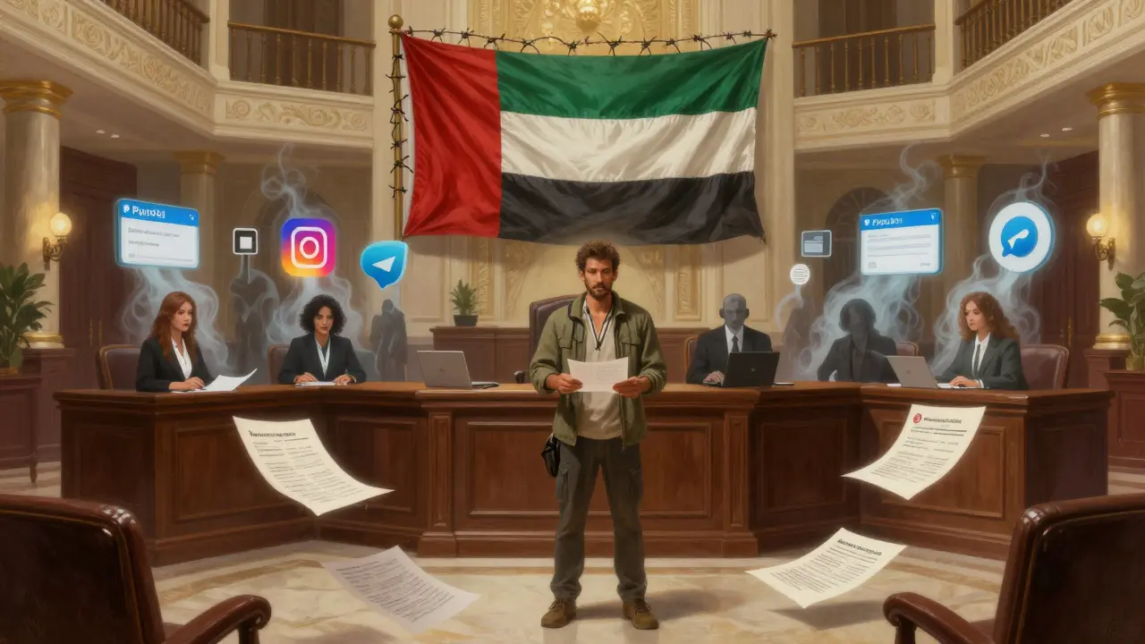 A tourist in a hotel lobby stands before a judge made of legal papers, as fake escort ads dissolve into smoke under a barbed-wire UAE flag.