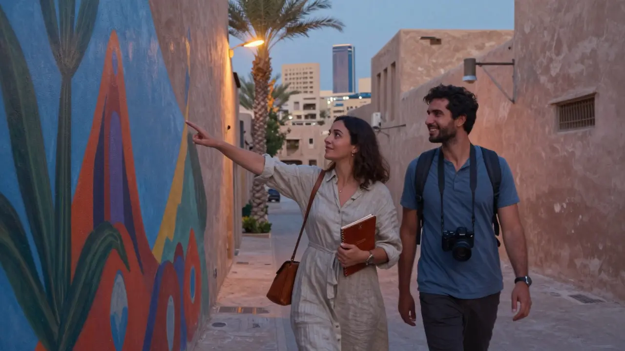A travel companion showing a tourist an art mural in Alserkal Avenue, Dubai, at twilight.
