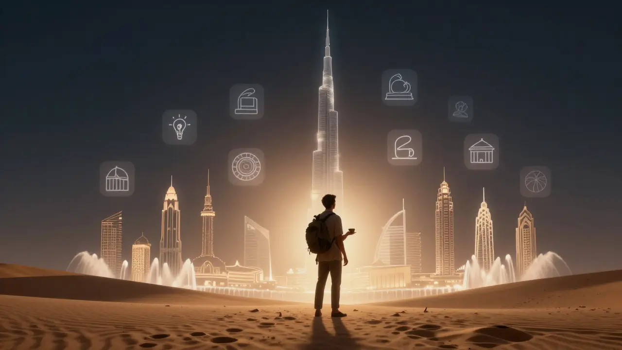 A traveler is gently grounded by a human presence amid floating icons of Dubai’s iconic landmarks.